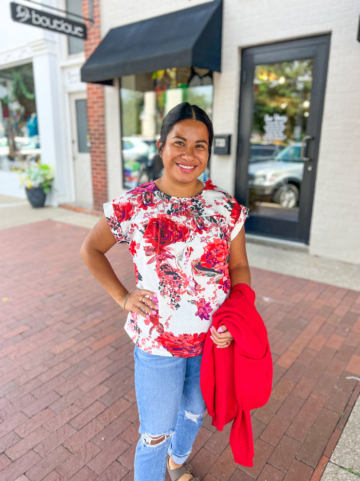 Red Floral Pleat Top