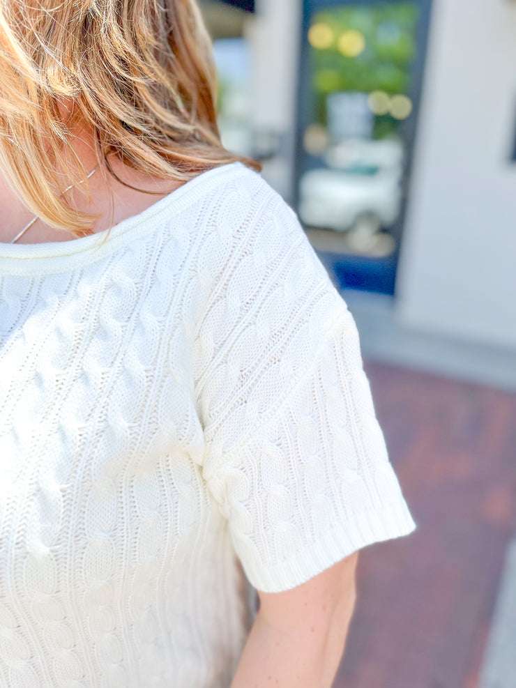 Ivory Cable Knit Short Sleeve Sweater