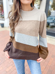 Brown Multi Stripe Balloon Sleeve Sweater