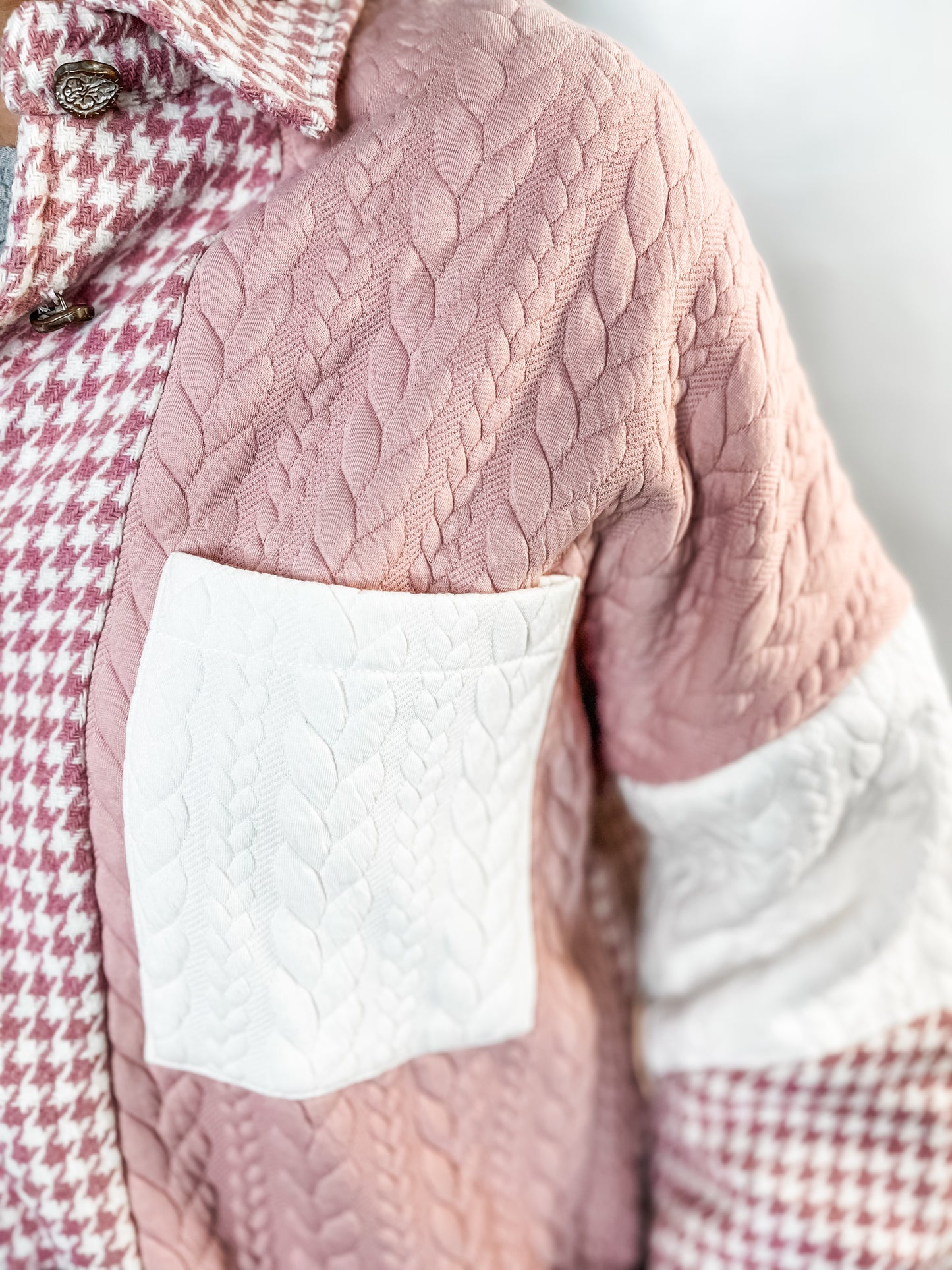 Pink Houndstooth Patchwork Shacket