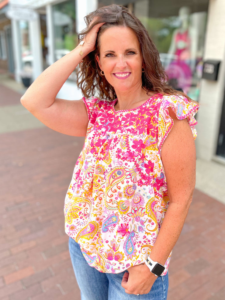 Magenta Multi Print Embroidered Blouse