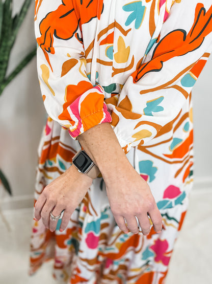 Orange Abstract Tiered Maxi Dress