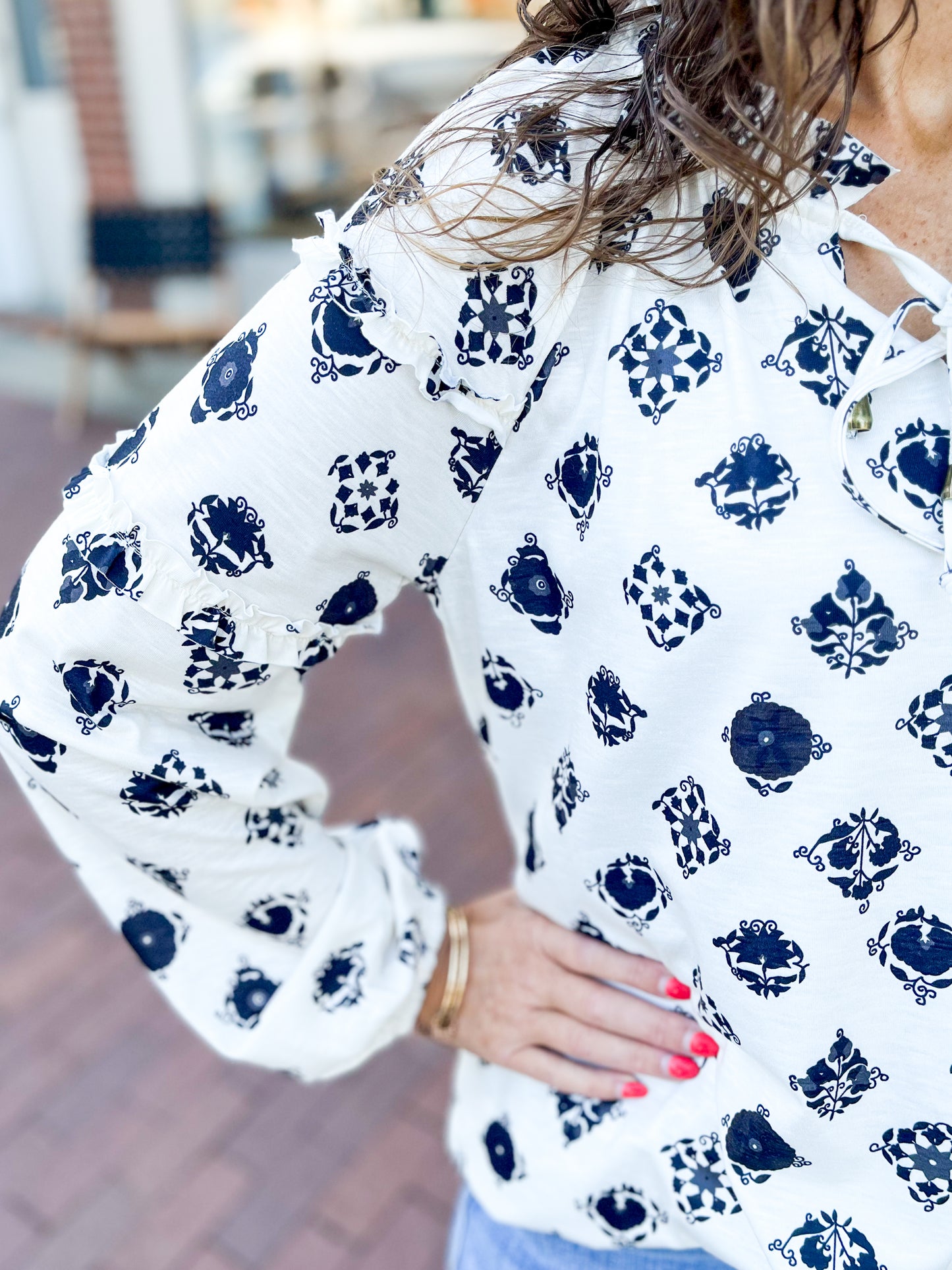 White Printed Bubble Sleeve Top