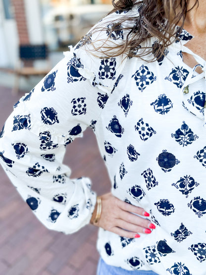 White Printed Bubble Sleeve Top