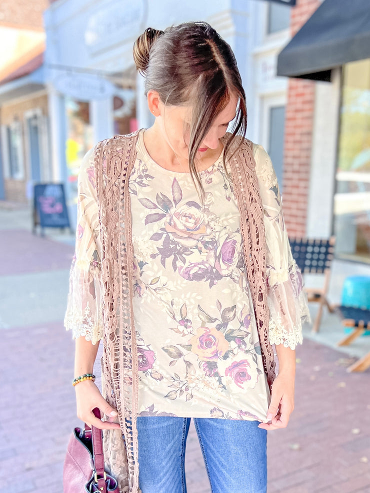 Purple Floral Lace Bell Sleeve Top