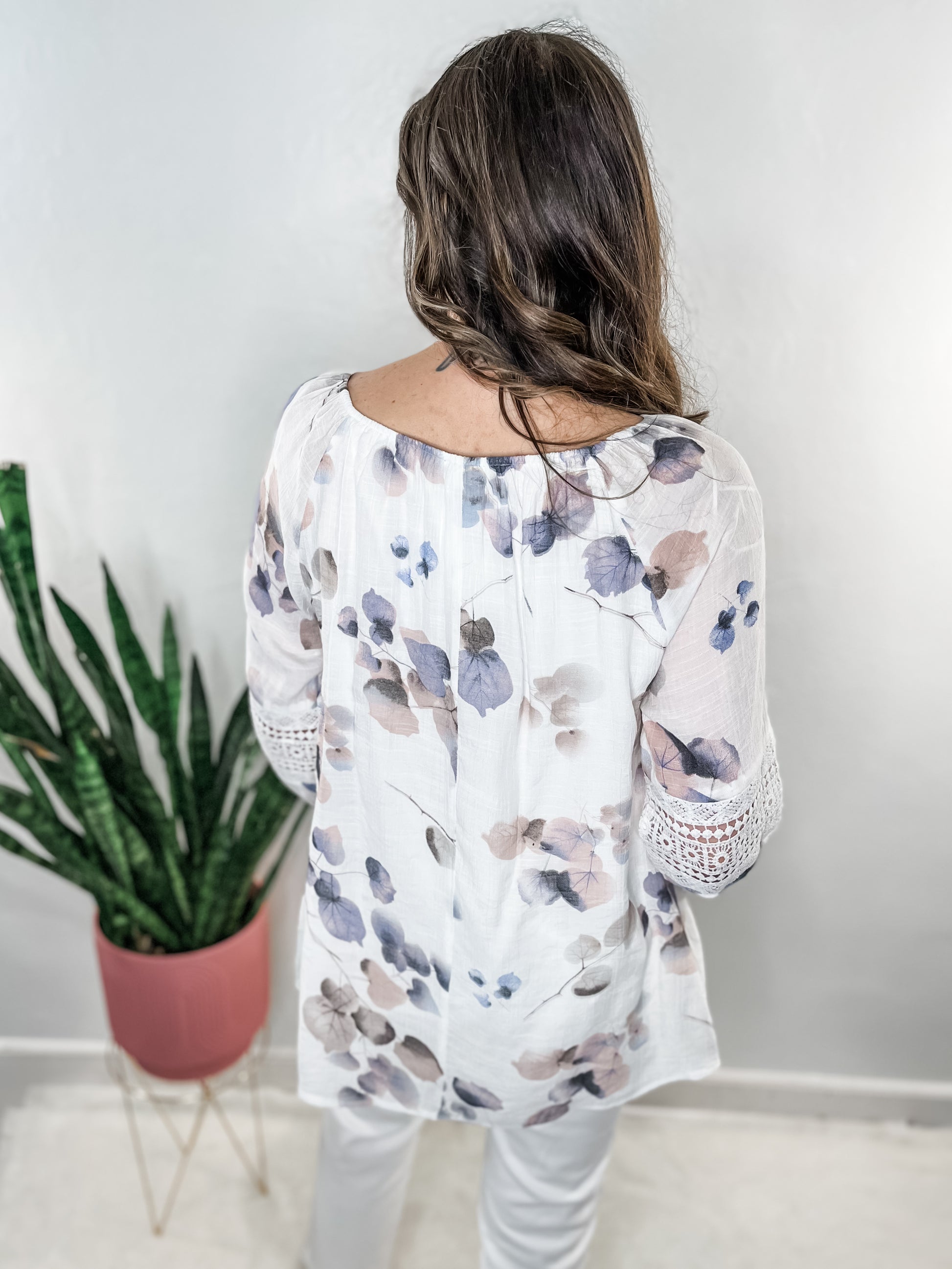 Leaf Printed Lace Insert Blouse