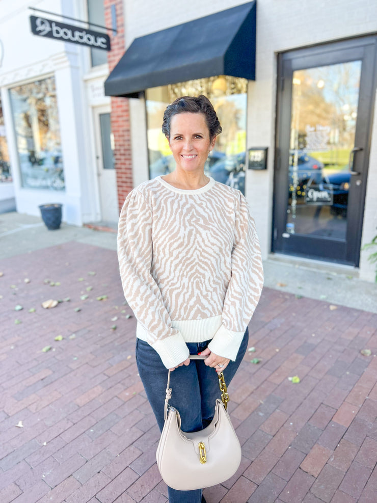 Cream Zebra Puff Sleeve Sweater