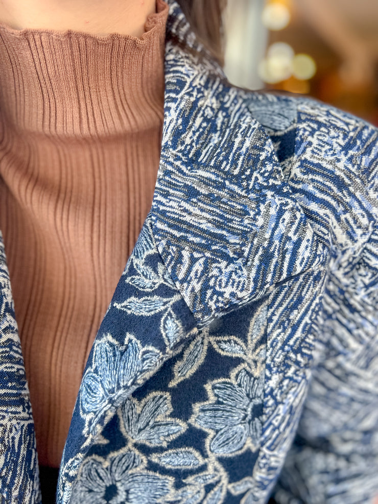 Navy Tapestry Collard Coat