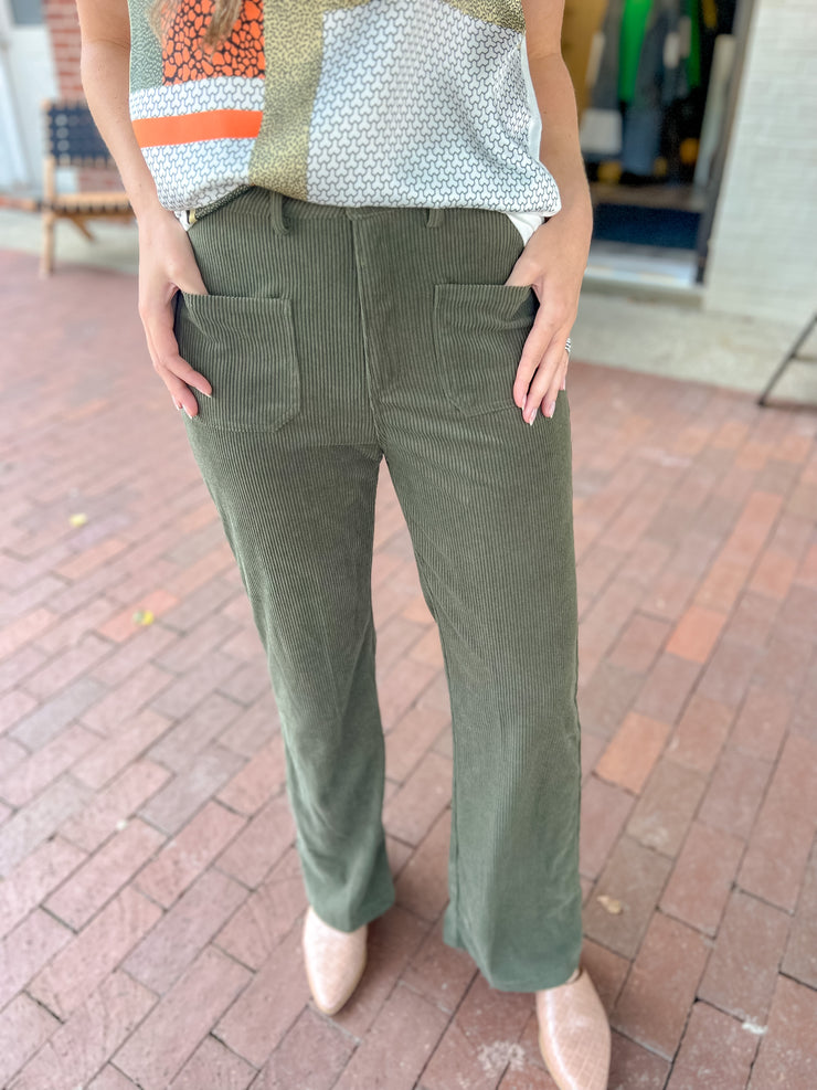 Olive Corduroy High Rise Bootcut