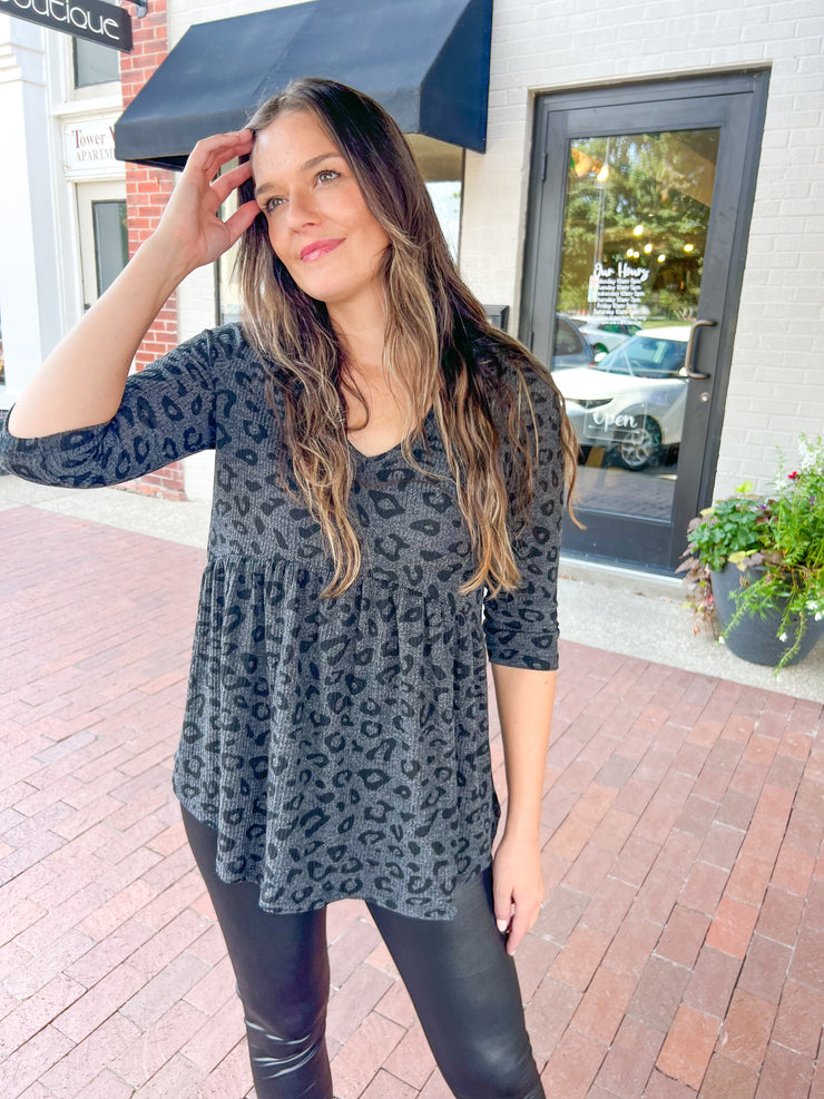 Charcoal Leopard Babydoll Knit Top