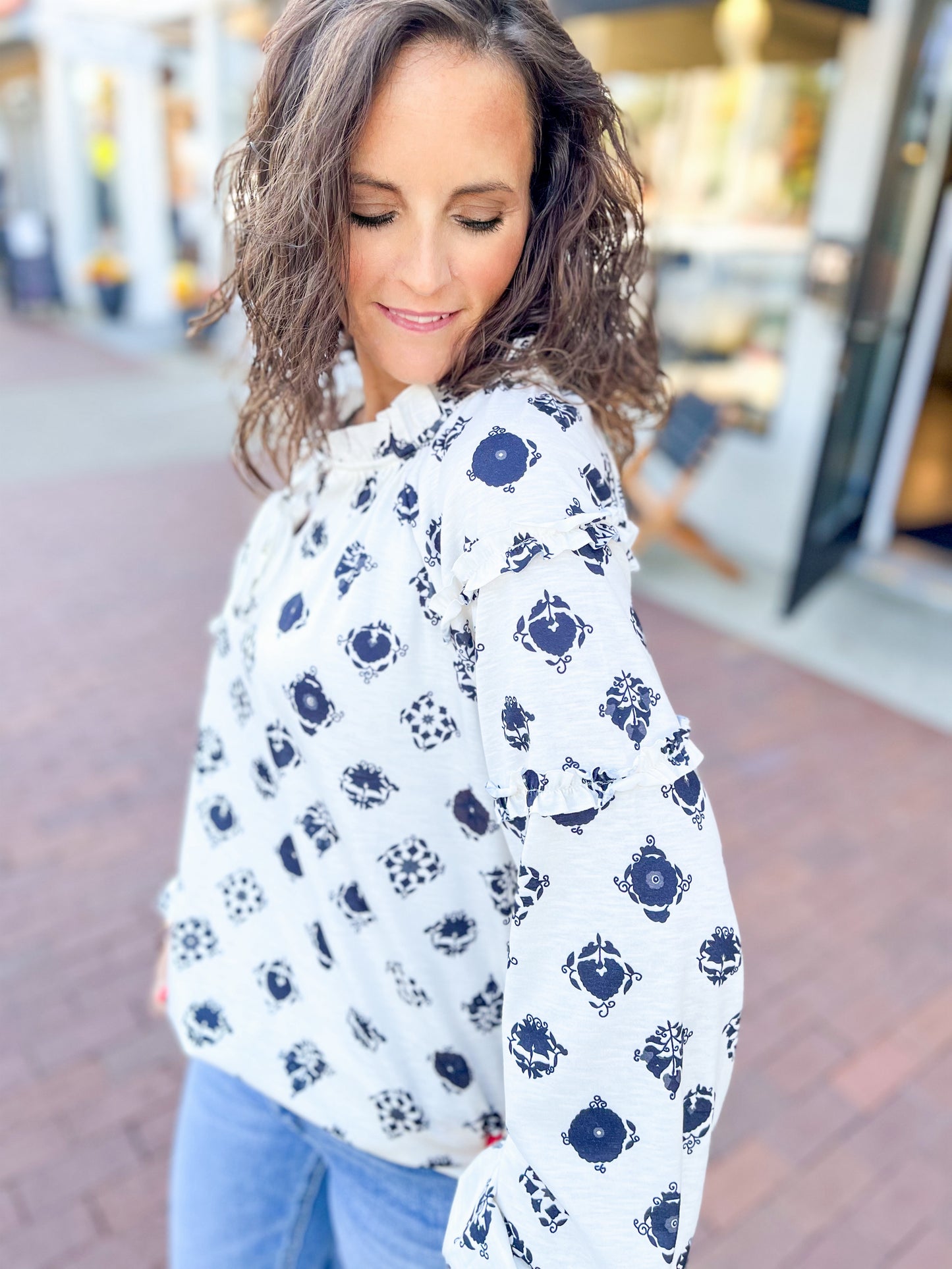 White Printed Bubble Sleeve Top