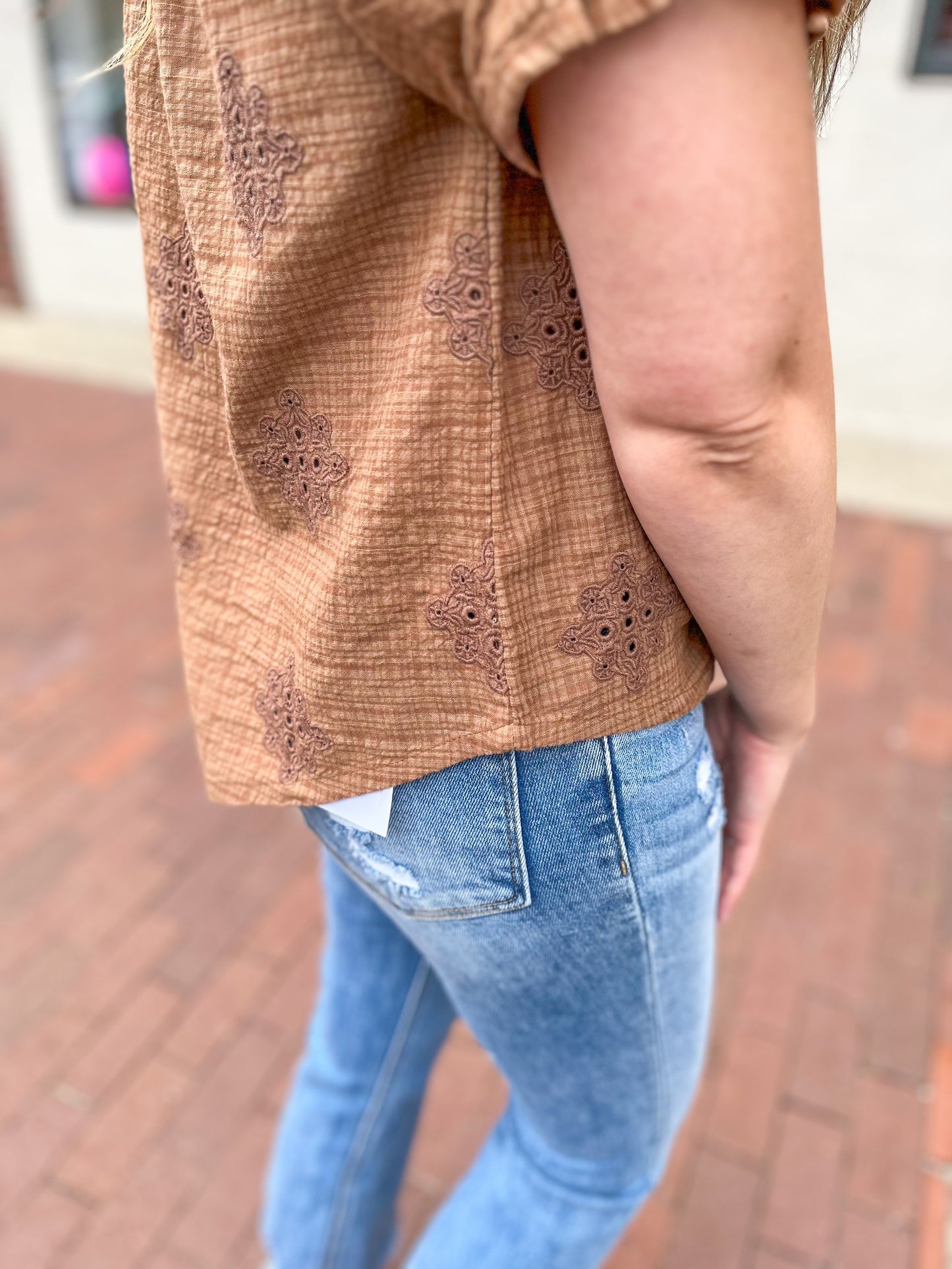Latte Smocked Eyelet Woven Top