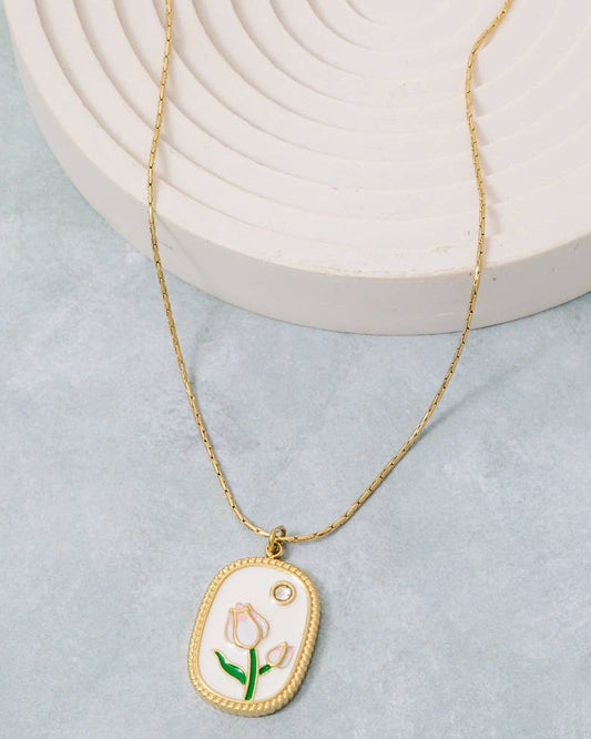 White Enamel with Pink Tulip Pendant Necklace; Gold Chain Tulip Pendant Necklace
