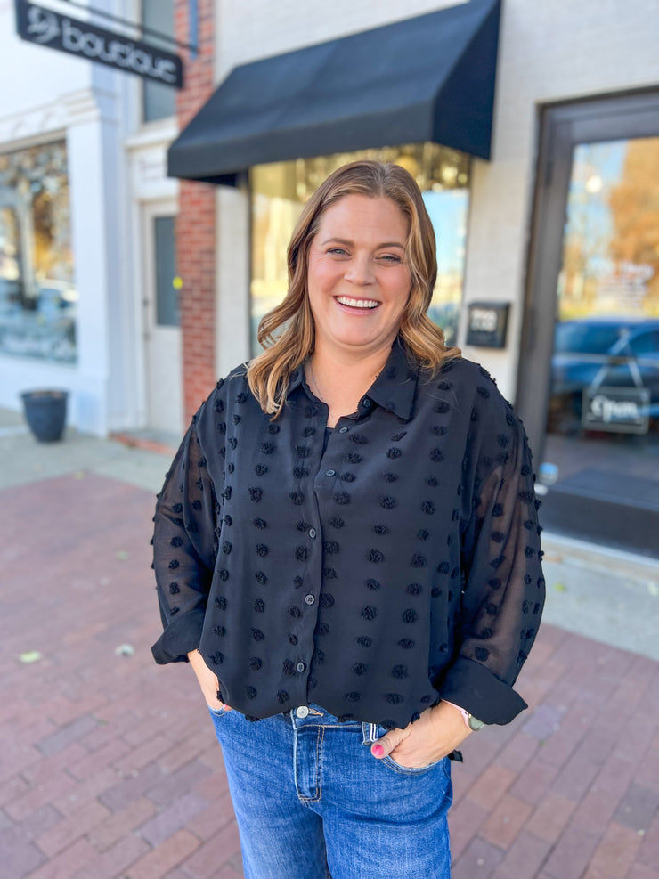 Black Sheer Swiss Dot Button Up