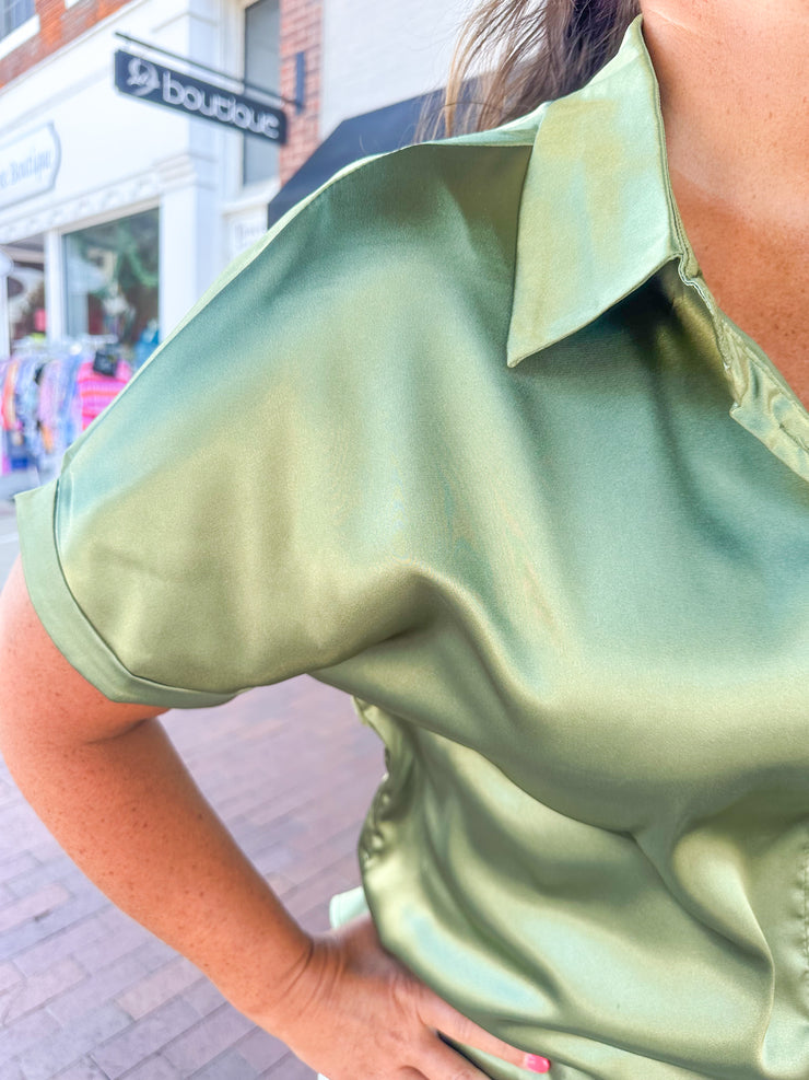 Olive Sateen Short Sleeve Button Blouse