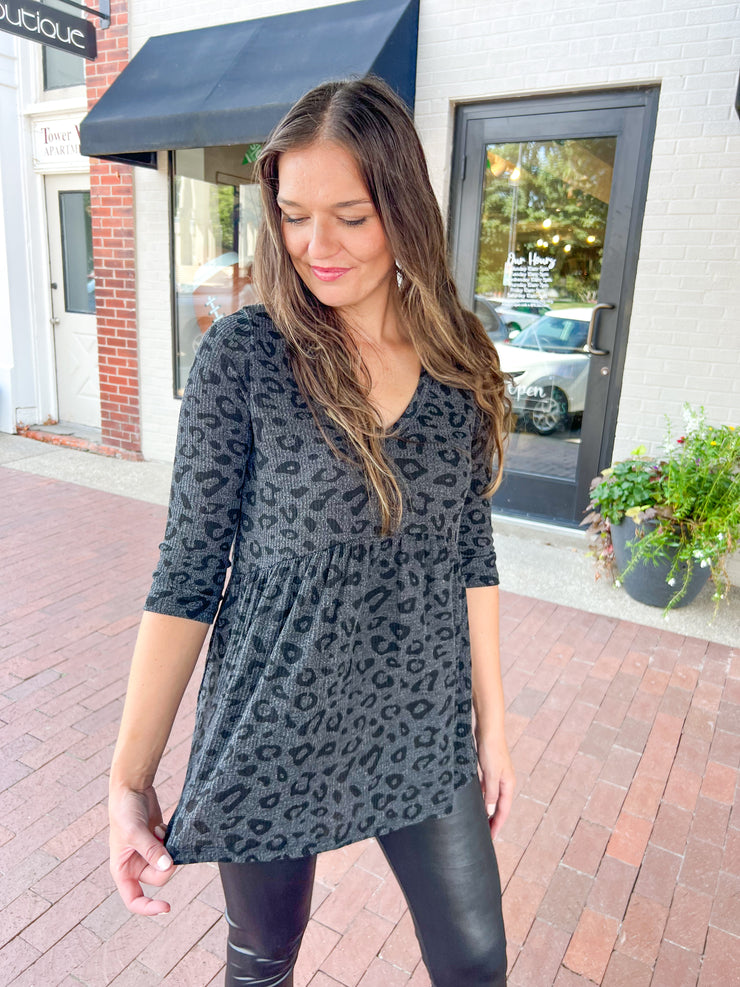 Charcoal Leopard Babydoll Knit Top