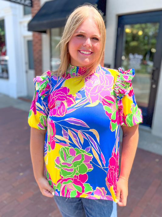 Royal Blue Flower Smocked Mockneck Blouse