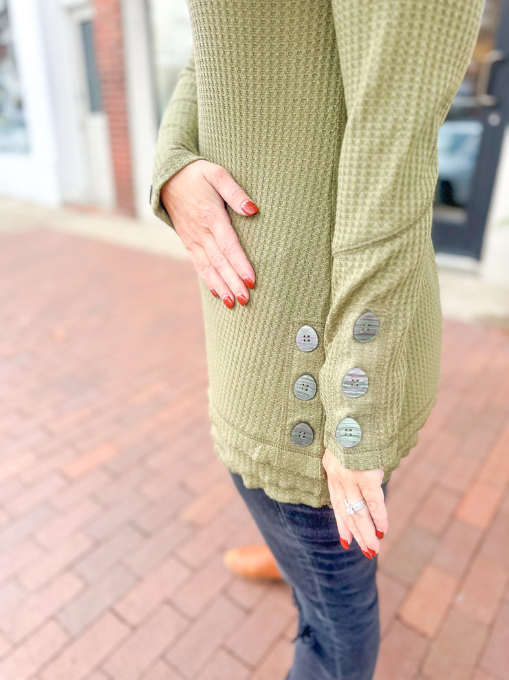 Olive Waffle Knit Button Detail Top