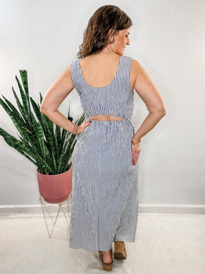 Navy Striped Open Back Dress