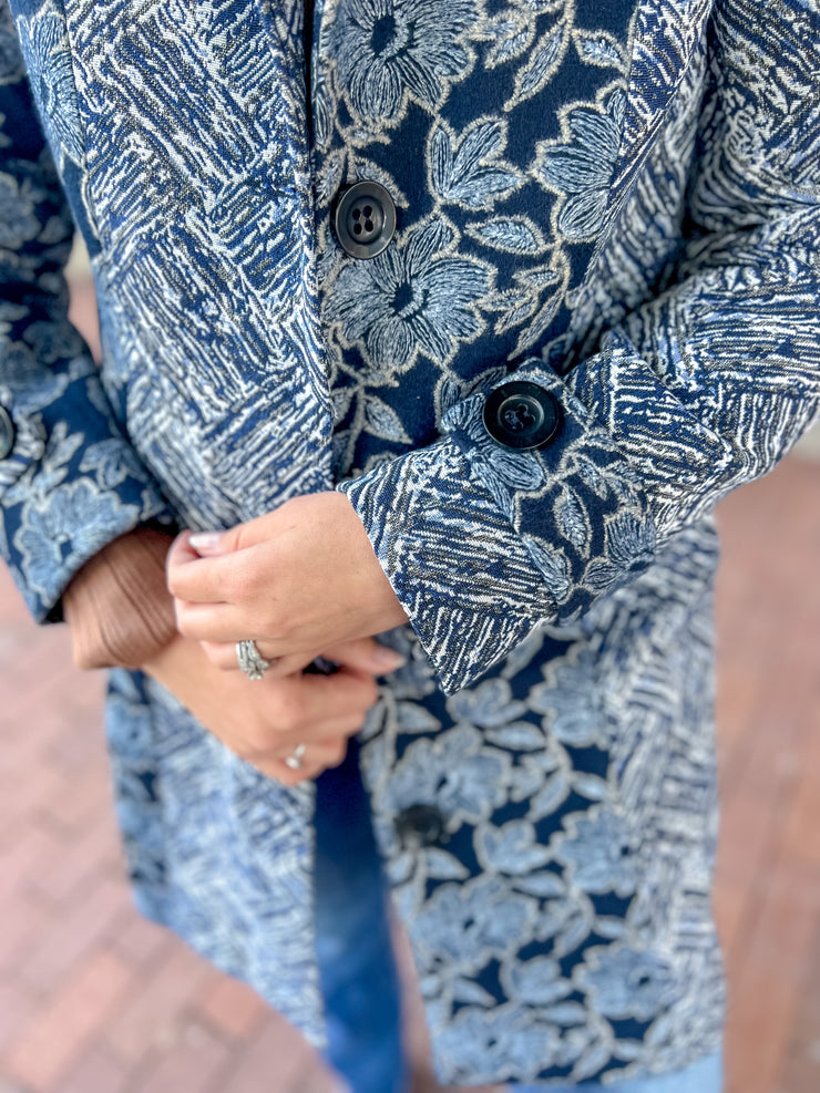 Navy Tapestry Collard Coat