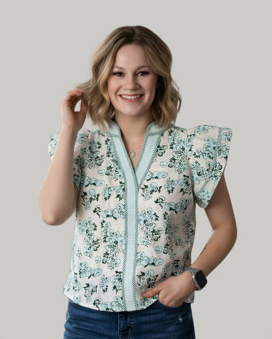 flower-striped-v neck-short-sleeve