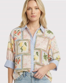 Collared Button Up Shirt with Lemons, Cherries, Strawberries and mixed colorful stripes