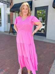 Pink Smocked Flutter Sleeve Midi Dress
