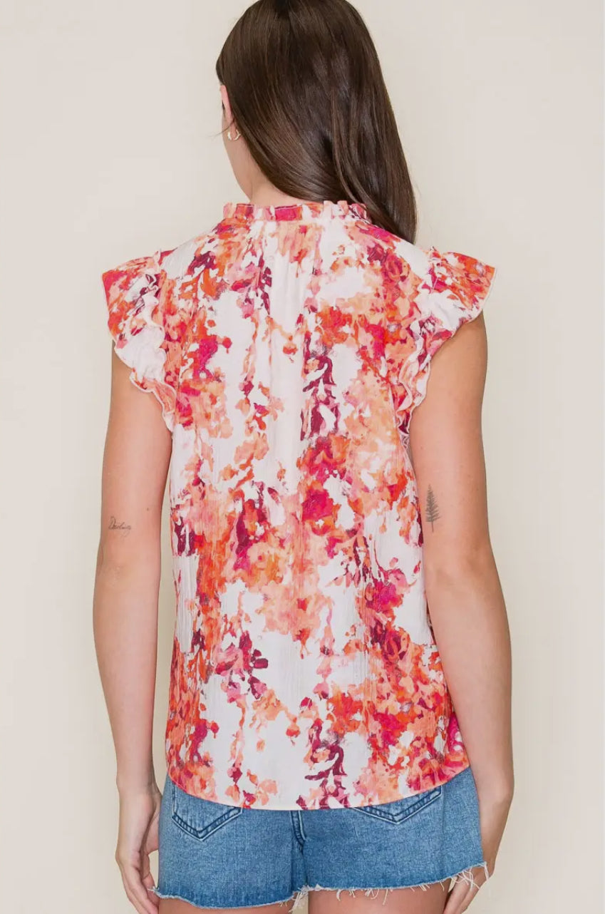 Coral Floral Keyhole Tie Neck Top