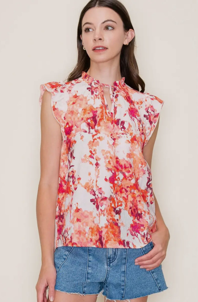 Coral Floral Keyhole Tie Neck Top