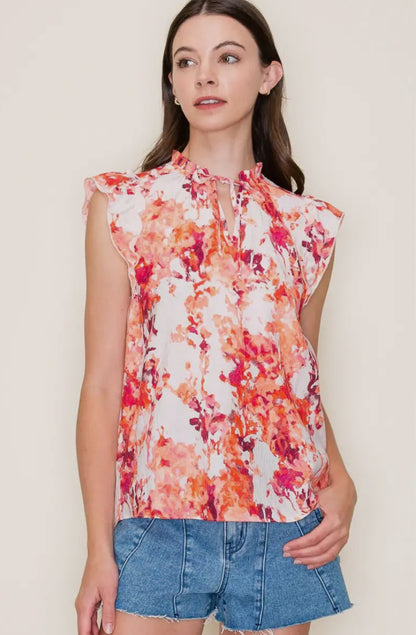 Coral Floral Keyhole Tie Neck Top