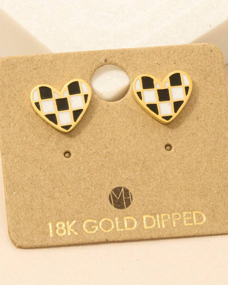 Black & White Checkered Heart Stud Earrings