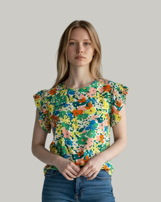 green-floral-round-neck-ruffled-cap-sleeve