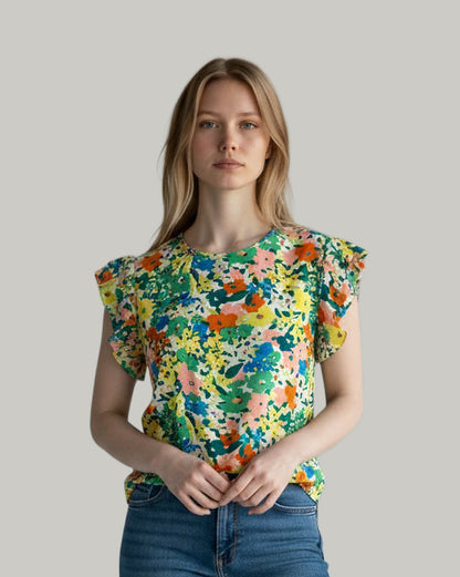 green-floral-round-neck-ruffled-cap-sleeve