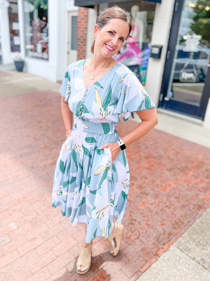 Sage Floral Flutter Sleeve Dress