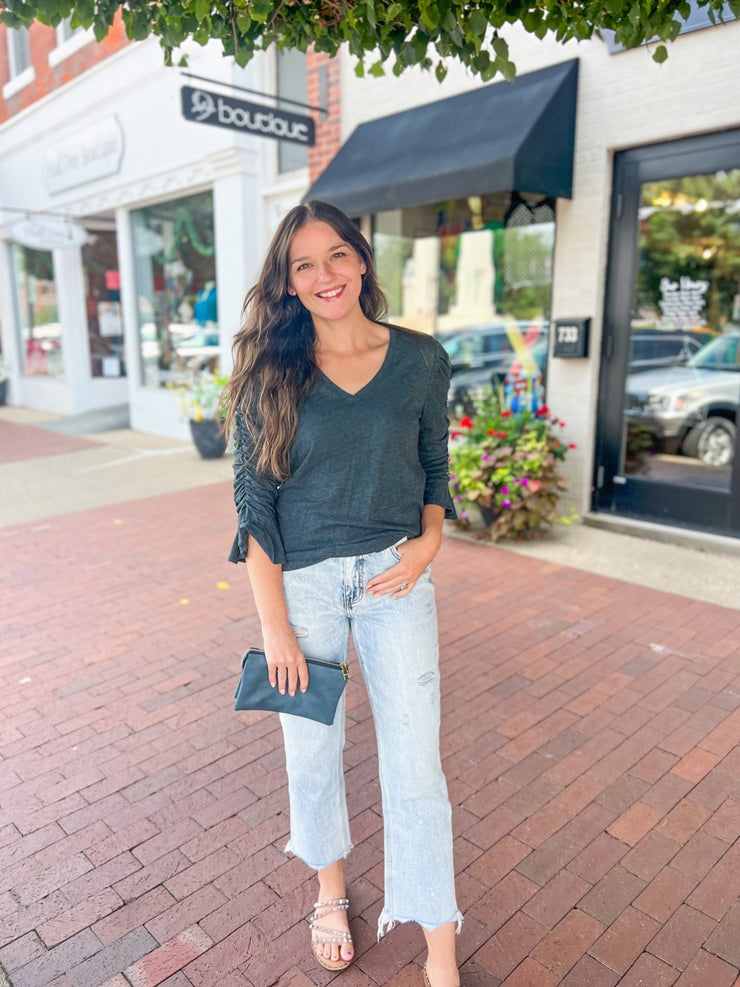 Dark Teal Heathered Ruched Sleeve Top