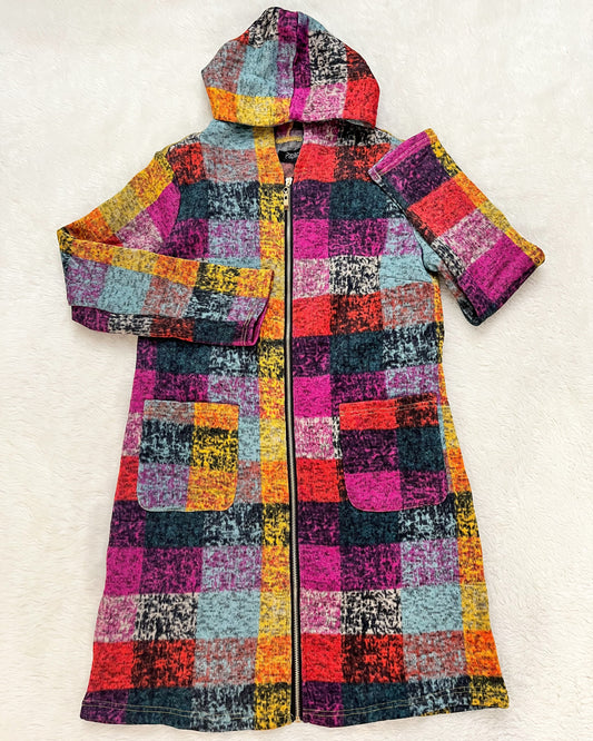 Knitted Multi Colored Plaid Zip Up Jacket