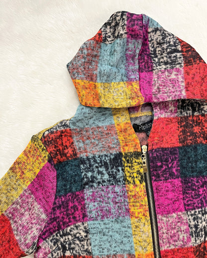 Knitted Multi Colored Plaid Zip Up Jacket