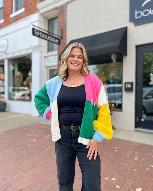 Bright Color Block Open Cardigan