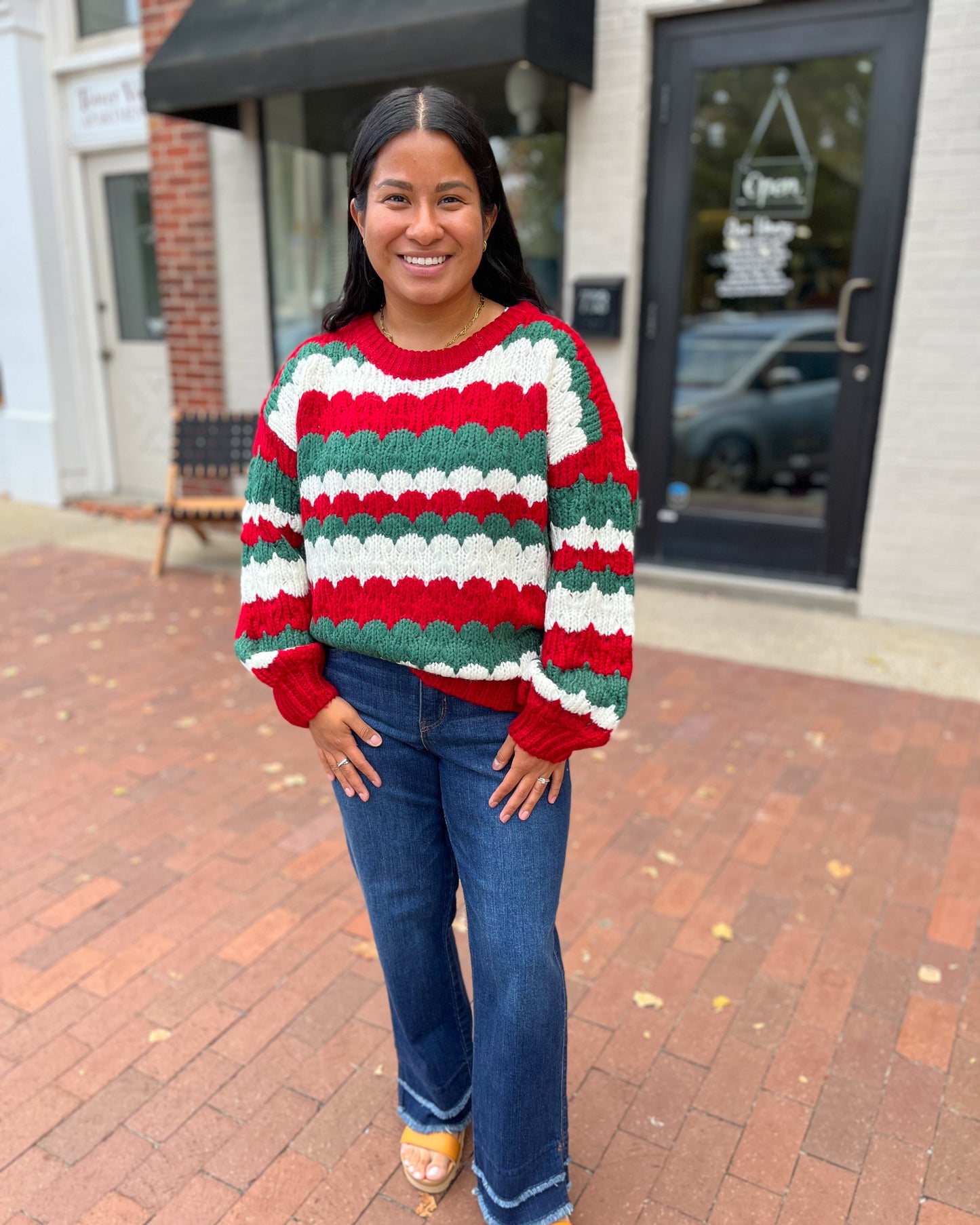 Red & Green Crochet Textured Pullover Sweater