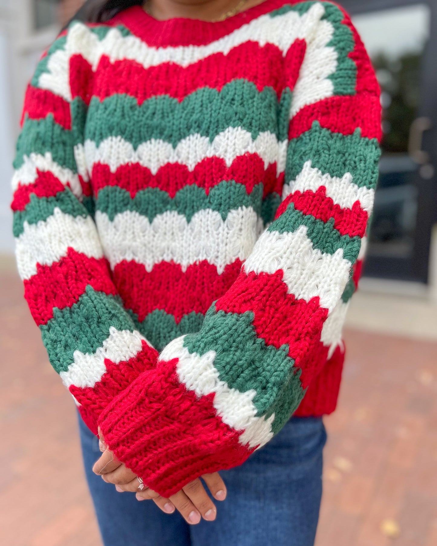 Red & Green Crochet Textured Pullover Sweater