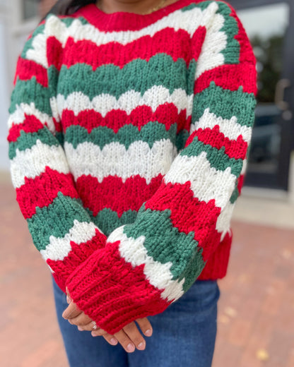 Red & Green Crochet Textured Pullover Sweater