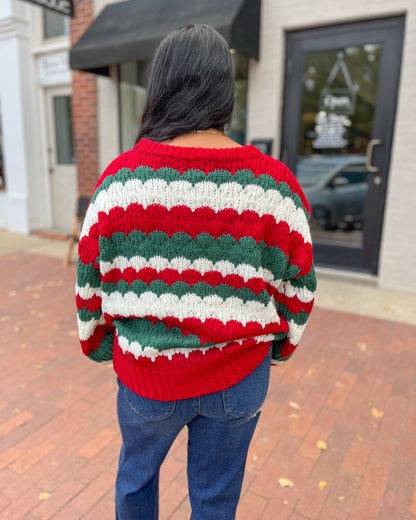 Red & Green Crochet Textured Pullover Sweater