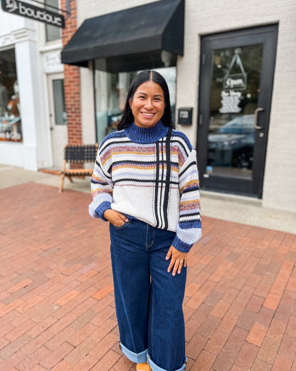 Royal Blue Mock Neck Multi Colored Sweater