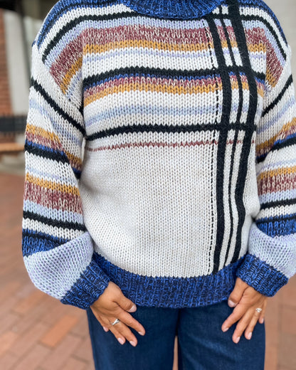 Royal Blue Mock Neck Multi Colored Sweater