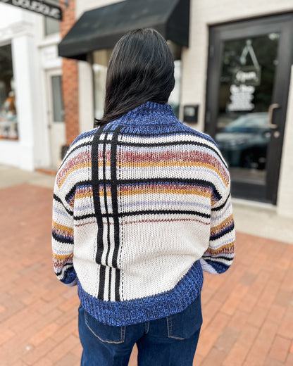 Royal Blue Mock Neck Multi Colored Sweater