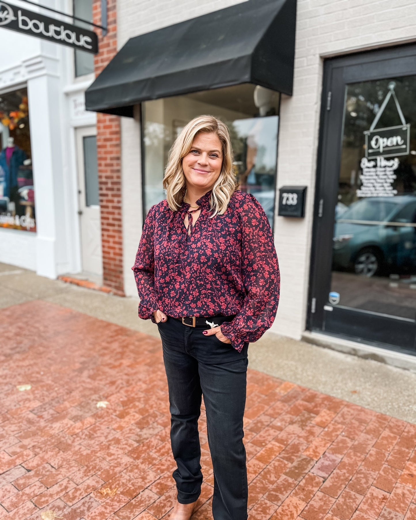 Navy & Maroon Floral Ruffle Blouse