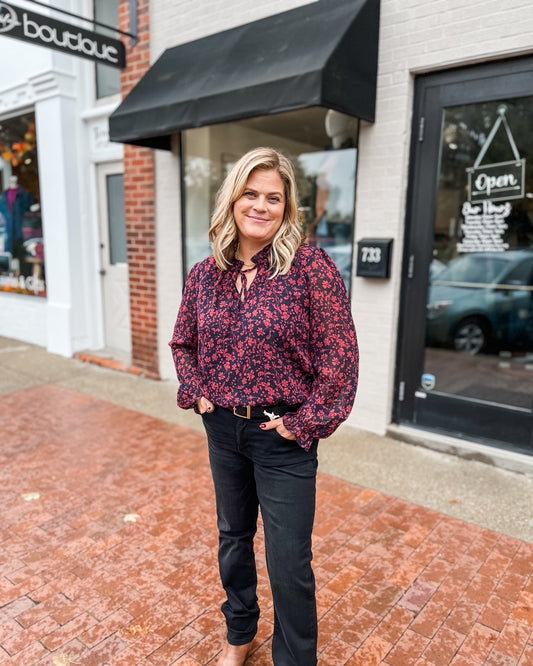 Navy & Maroon Floral Ruffle Blouse