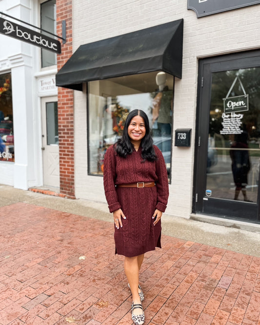 Burgundy Cable Knit Sweater Dress