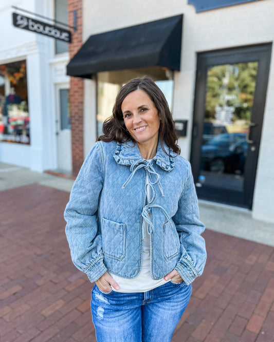 Quilted Tie Front Denim Jacket w/ Ruffle Collar