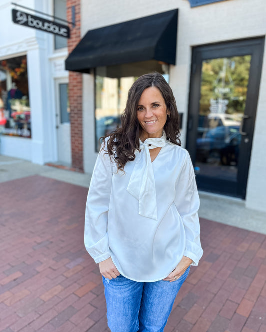Solid Cream Satin Blouse w/ Neck Tie